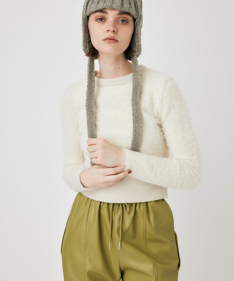 MOUSSY「CROPPED SHAGGY KNIT トップス」|ニット・セーター|O/WHT1