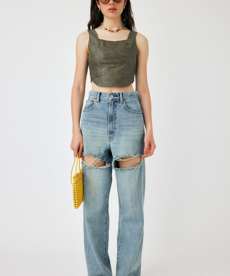 MOUSSY「F/LEATHER BUSTIER トップス」|キャミソール|GRY